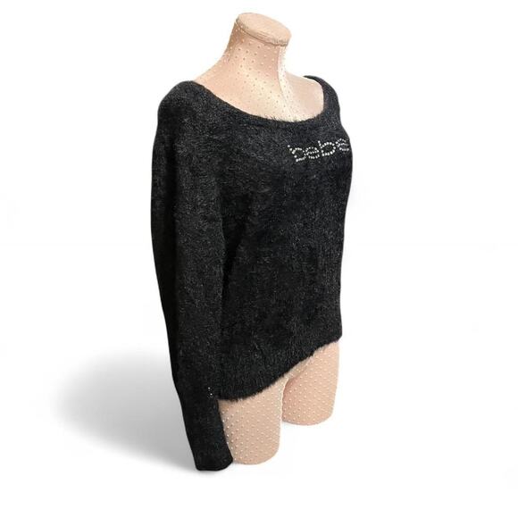 Vintage Y2K Bebe Black Fuzzy Logo Sweater Rhinestone Script - Picture 2 of 5
